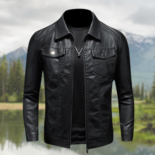 Men's Trendy Black Vegan Leather Jacket with Zipper | Ideal for Autumn/Winter