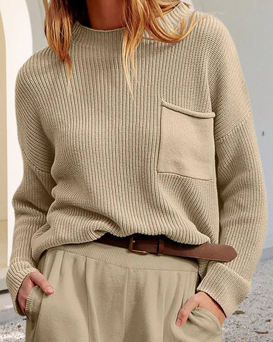 Women's Modern Round Neck Sweater with Long Sleeves and Pockets | Ideal for Autumn/Winter